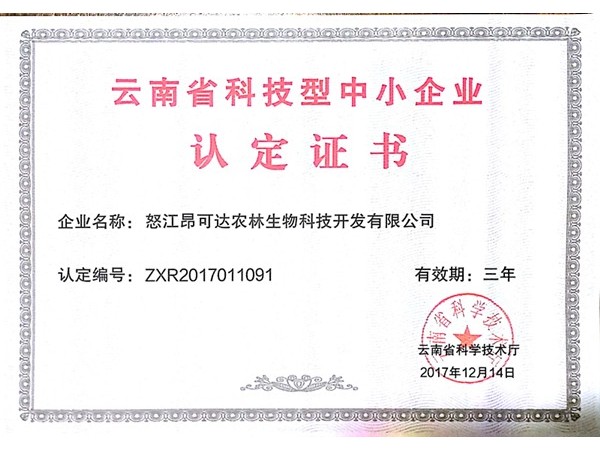 怒江昂可達(dá)公司被云南省科技廳認(rèn)定為《云南省科技型中小企業(yè)》